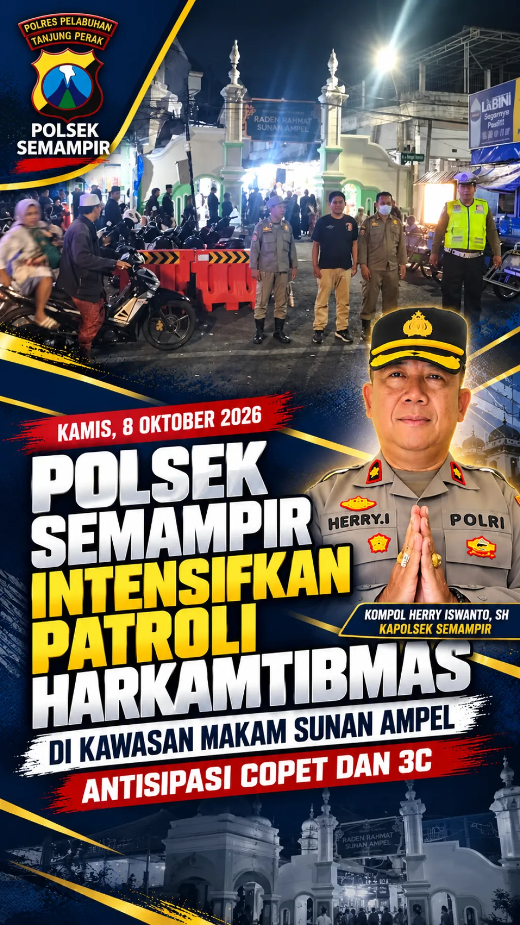 Polsek Semampir Intensifkan Patroli Harkamtibmas di Kawasan Makam Sunan Ampel, Antisipasi Copet dan 3C